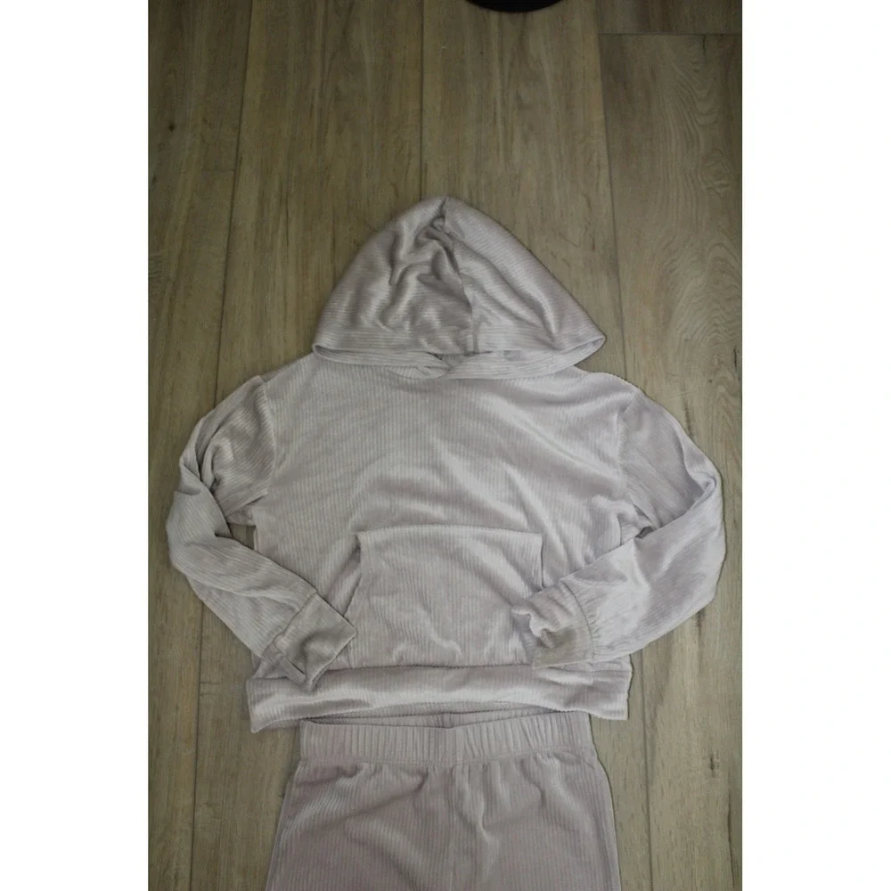 Btween Girls Size 8 Ribbed Velour Hoodie and Flare Pants Lounge Set Mauve 2pc - Picture 2 of 10